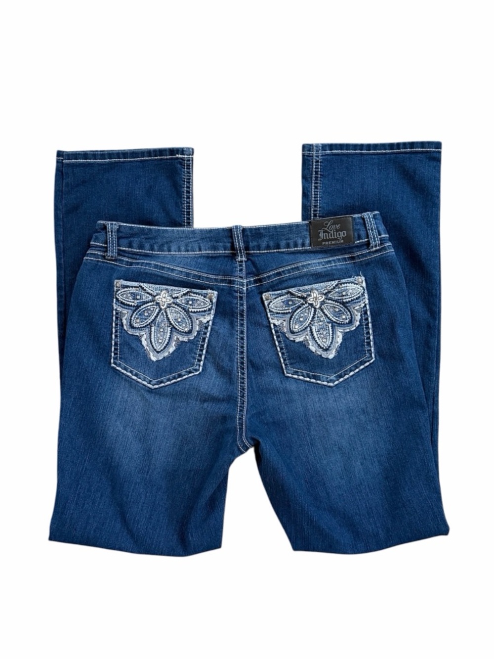 Love Indigo Premium Embroidered Rhinestone Sequin Stretch Bootcut Jeans Size 14
